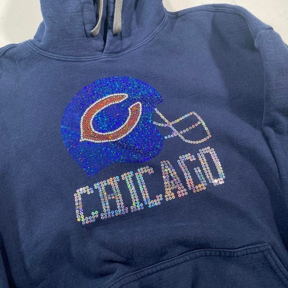 Vintage Chicago Bears Rhinestone Sequin Helmet‎ Hoodie Navy Blue – XL Gildan